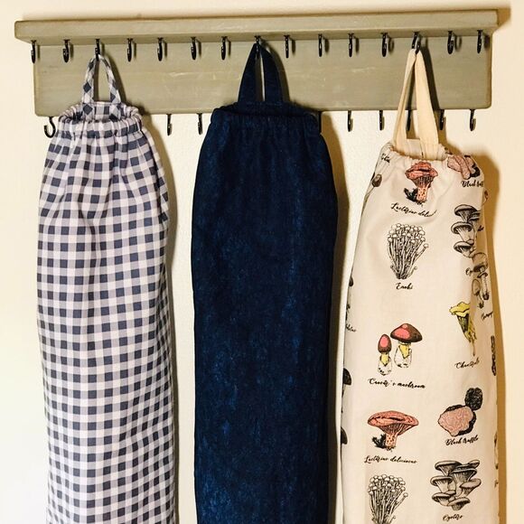 Grocery Bag Holder Plastic Bag Organizer, Navy, Gingham, Mushrooms, Cottage Core - Picture 1 of 8